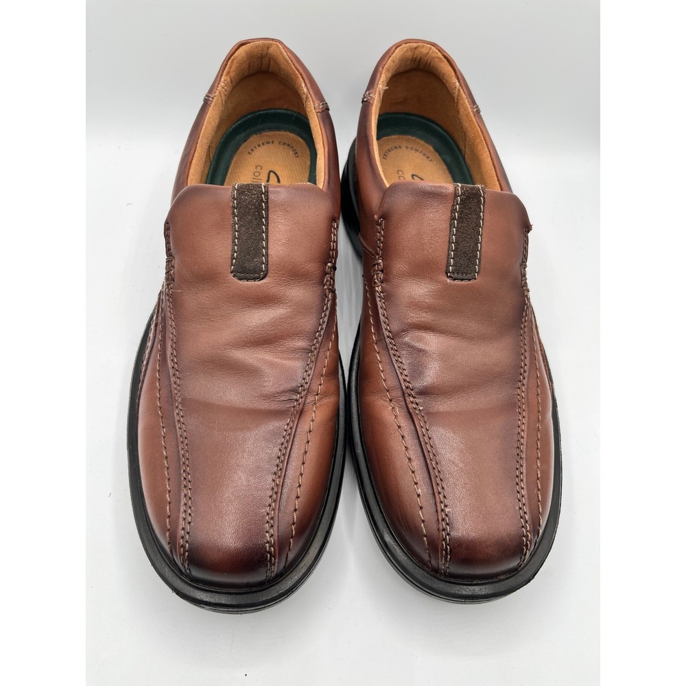 Clarks Men Brown‎ Leather Slip On Loafers Extreme Comfort Bicycle Toe Sz 10M